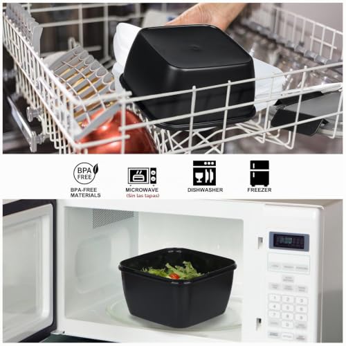 Greentainer Lunch Box 1500 ml 3 Removable Compartments, Fork + Dressing 2oz, Leakproof, BPA Free, Microwave Safe (No Lid), for Work, Picnic, Travel (Black)
