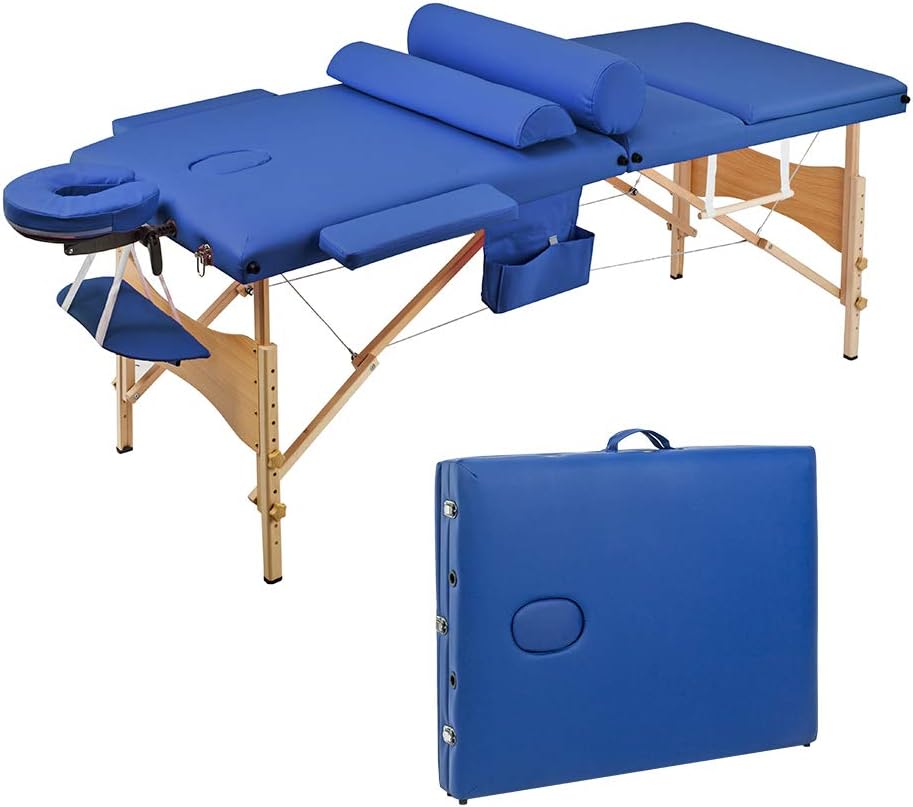 Massage Table Massage Bed Spa Bed 84" Heigh Adjustable 3 Folding Professional Portable Massage Table W/Sheet Cradle Bolsters Hanger Facial Salon Bed (Blue)