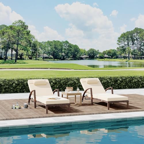 EliteEdge Outdoor Chaise Lounge Set of 2, Patio Rattan Chaise Lounge Chair with Cushions, 5-Position Adjustable Backrest Sun Lounger for Poolside, Garden, Backyard, Brown Rattan