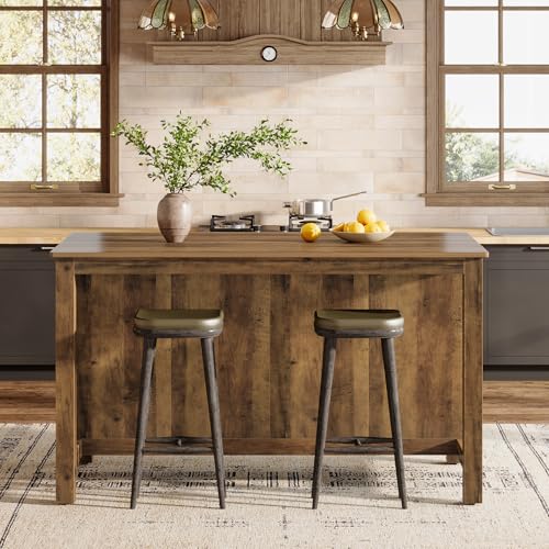 Tribesigns Kitchen Island with Seating and Storage, 59-Inch Large Farmhouse Stationary Island Table for Kitchen, 3-Tier Counter Height Coffee Bar Tables for Dining Room, Rustic Brown