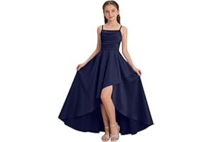 Zzalalana Satin Junior Bridesmaid Dresses for Teen Girls Sleeveless Spaghetti Strap High Low Prom Dress Long Ball Gowns