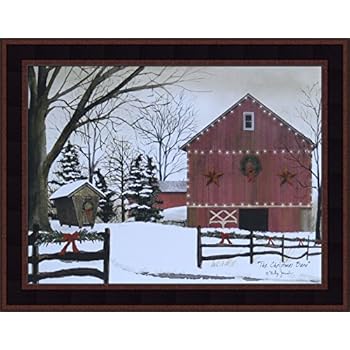 The Christmas Barn by Billy Jacobs 15x19 Red Barn Winter Landscape Country Primitive Folk Art Print Wall Décor Framed Picture