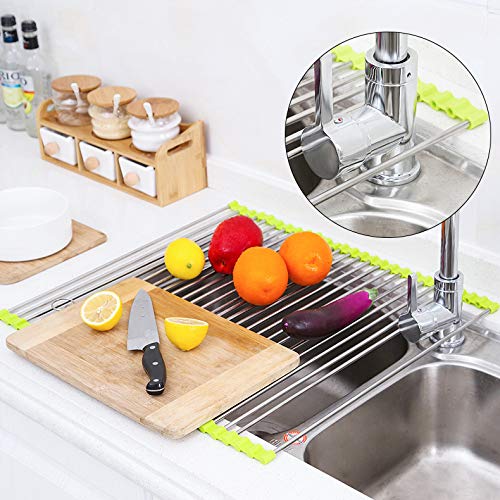 Rollable Dish Drying Rack, Holoras 2Pcs Foldable Stainless Steel Over the Sink Dryer Multipurpose Kitchen Drainer Drying Mat for Fruits Vegetables