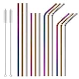12pcs Stainless Steel Drinking Straws, Footek 6mm Metal Bent and Straight Straws with 2 Cleaning Brushes, Straws for 20oz 30oz RTIC Tumbler Yeti or Ozark Trail Ramblers Cups