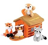 Hoovy Adorable Plush ‘Country Friends’ Animals Toy Set for Little Boys & Girls [Carrier Included] | Cute & Fluffy Stuffed Fox, Squirrel, Owl & Raccoon | Educational Animal Sounds Recording