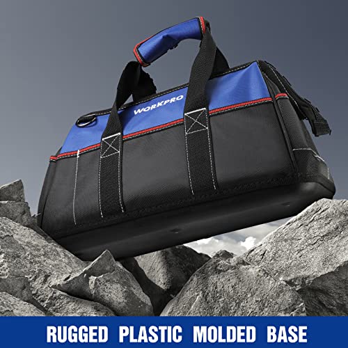 WORKPRO 16-inch Wide Mouth Tool Bag for Men, Heavy Duty Cloth Tool Storage Bag with Water Proof Molded Base, Adjustable Shoulder Strap