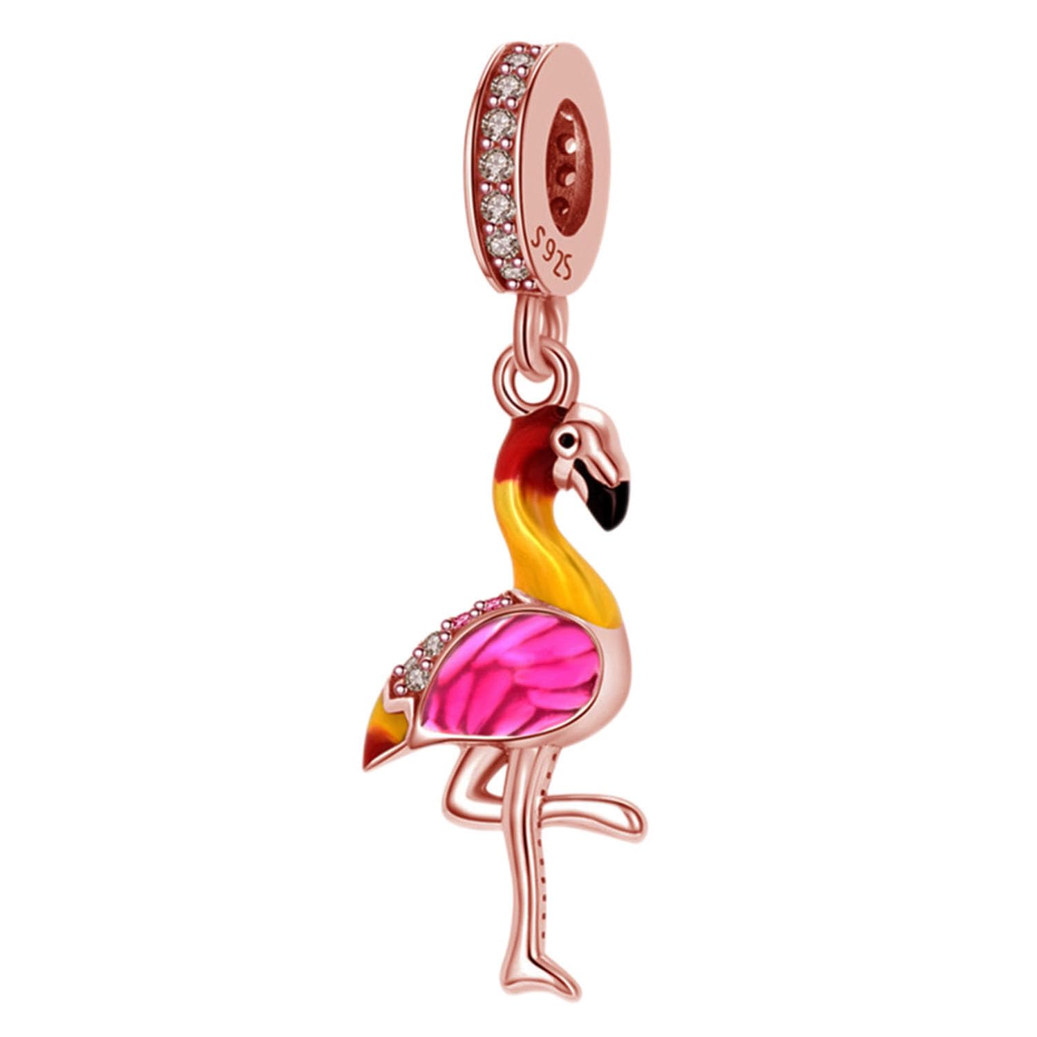 925 Sterling Silver Flamingo Charm Bird Charm Animal Charm Birthday Charm for Pandora Bracelet (Rose Gold Plated)