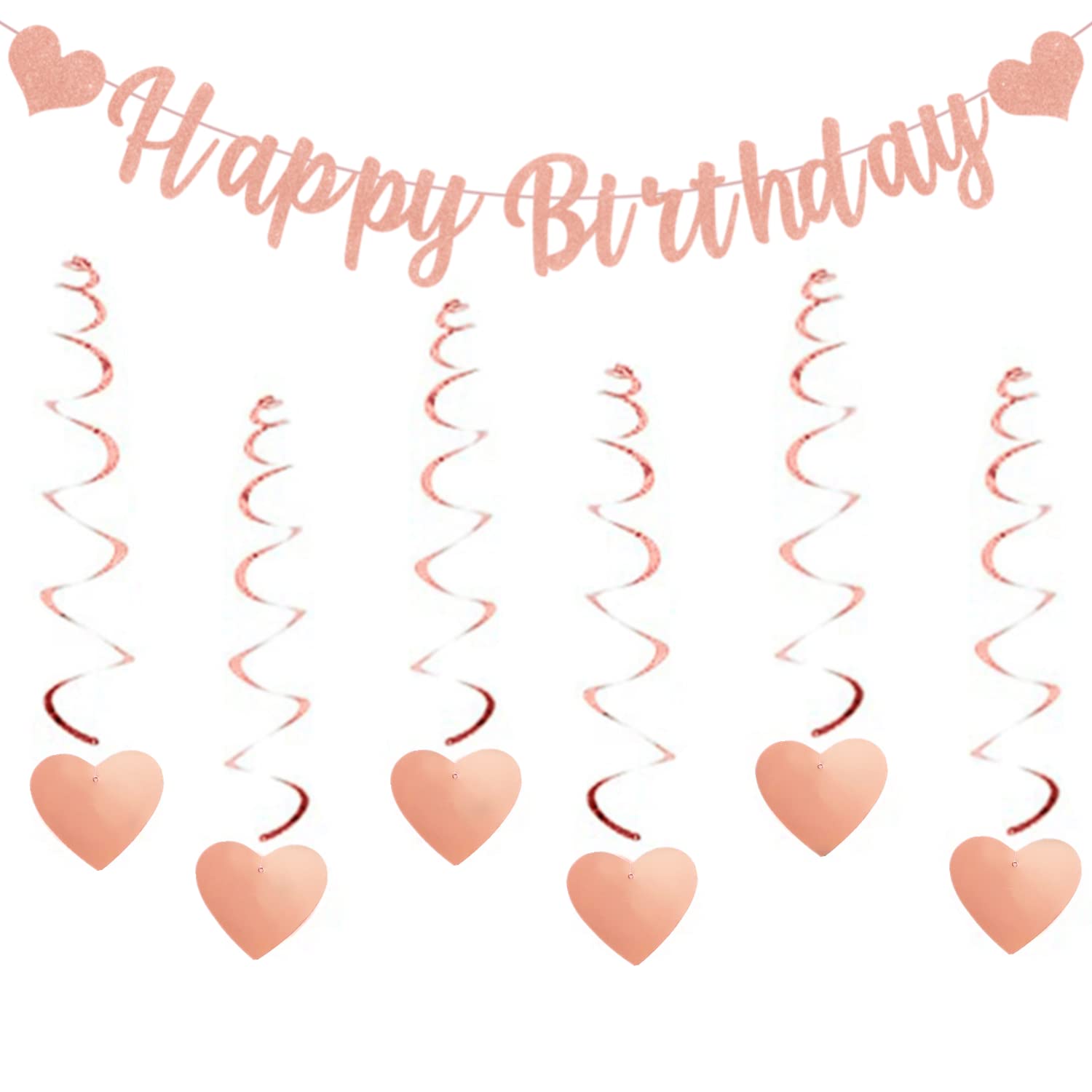 Pargleev Happy Birthday Banners - 6 Piece Hanging Swirl Sweet Heart Rose Gold Glitter Bunting Banner For Women & Girls Birthday Party Decorations