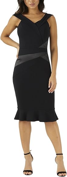 lipsy satin panel bardot flute hem bodycon dress