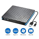 External Optical Drive, CD Drive with USB 3.0 & Type-C for VCD/DVD/CD -ROM/ -R/ +R /-RW Burner/Reader/Writer, Compatible for Windows/Linux/MAC OS