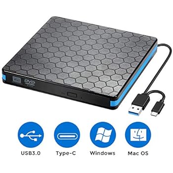 External Optical Drive, CD Drive with USB 3.0 & Type-C for VCD/DVD/CD -ROM/ -R/ +R /-RW Burner/Reader/Writer, Compatible for Windows/Linux/MAC OS