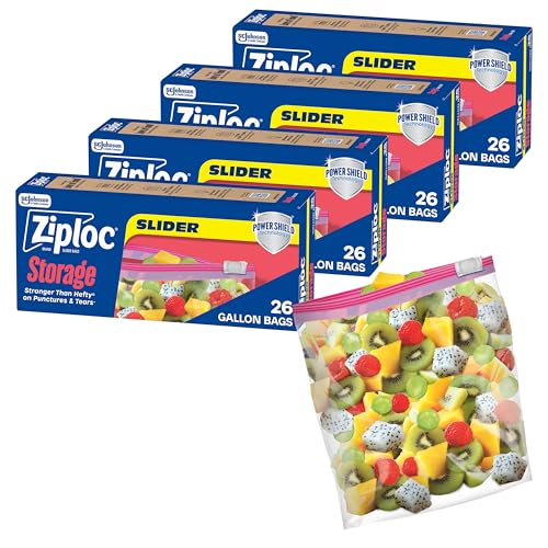 Ziploc Slider Storage Bags with New Power Shield Technology, For Food, Sandwich, Organization and More, Gallon, 26 Count, Pack of 4 (104 Total Bags)