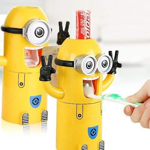 Cute Two Eyes Despicable Me Minions Design Combo Set Toothbrush Holder Automatic Toothpaste Dispenser with Rinse Cup (Yellow)