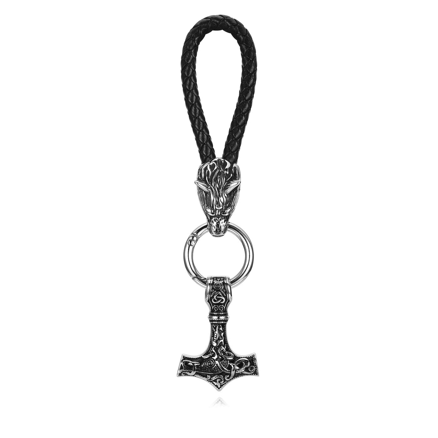 PiercingJak Men Black Genuine Leather Norse Viking Thor's Hammer Keychain Stainless Steel Vintage Nordic Viking Mjolnir Key Rings Amulet Pendant Celtic Pagan Symbol Key Chain
