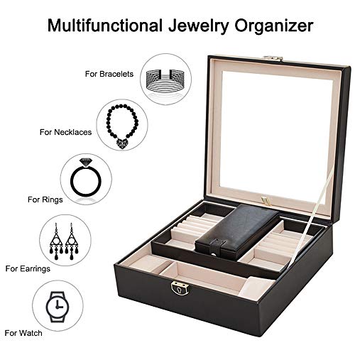 VEEKALA Two Layer PU Leather Large Jewelry Holder Display Storage Case with Lock