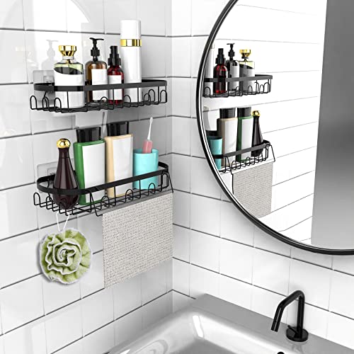 2-Pack Shower Caddy Basket Shelf, Adhesive Matte Black Shower Caddy With Hooks , Stainless Steel No Drilling Shower Shelves, Wall Mounted Shower Organizer for Bathroom, Toilet, Kitchen