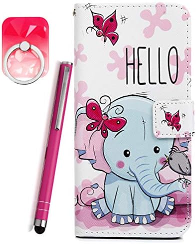 Folio Case for Samsung Galaxy A50, Wallet Flip PU Leather Cover Card Slot Painted Skin Magnet Closure Full Protective Kickstand with One Touch Pen & Ring Holder - Flower And Bird Gray Elephant