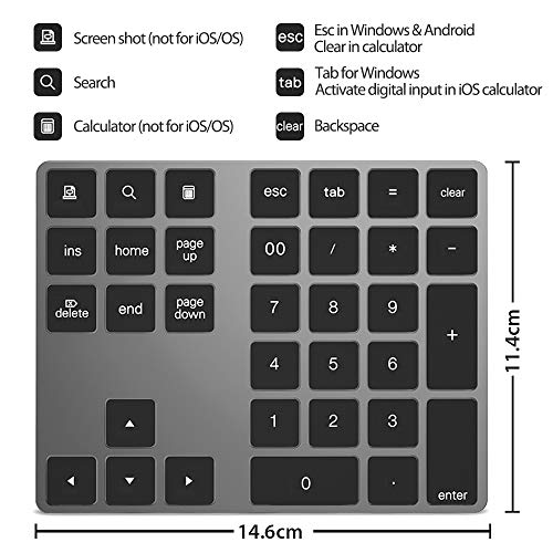 Rechargeable Bluetooth Wireless Numeric Keypad for Laptop, Portable Aluminum 34 Key Shortcuts Digital Entry Number pad Compatible with Apple iMac, MacBook Pro, iPad Pro, Surface (Space Grey)
