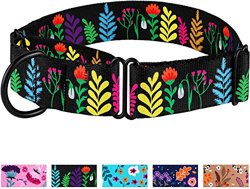 CollarDirect Martingale Collars for Dogs Heavy Duty Floral Pattern Female Safety Nylon Training Wide Collar Flower Design Large Medium (M, Neck Size 12″-17″, Black)