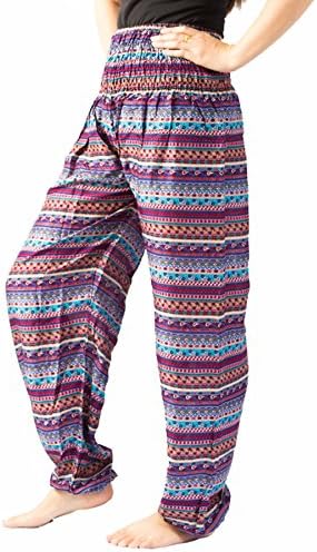SALWARWAY Harem Pants Smock Waiat Style, Bohemian Stripe For Women 0-12 US Size (M, Purple2)