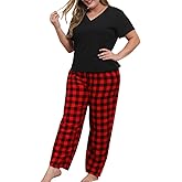 Women Plus Size Pajamas Set Plaid Lounge Pants V-Neck Short Sleeve Cotton T Shirt 2 Piece Sleepwear