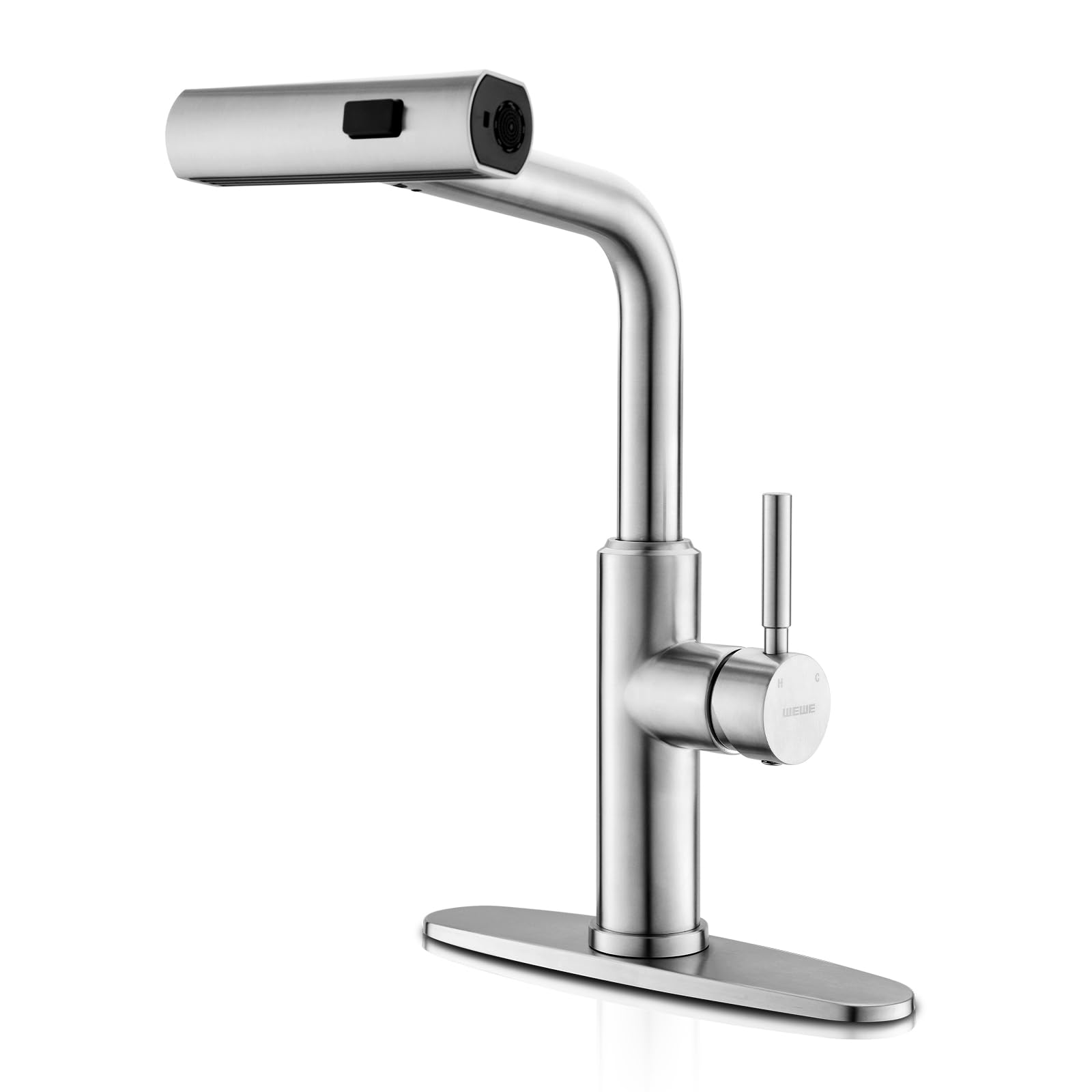 WEWE Waterfall Kitchen Faucet with Pull Down Sprayer, 3 Modes(Sweep/Stream/Waterfall) Rotary Switch Mode Stainless Steel Kitchen Sink Faucet Single Lever Handle Brushed Nickel Sink Fuacet Image