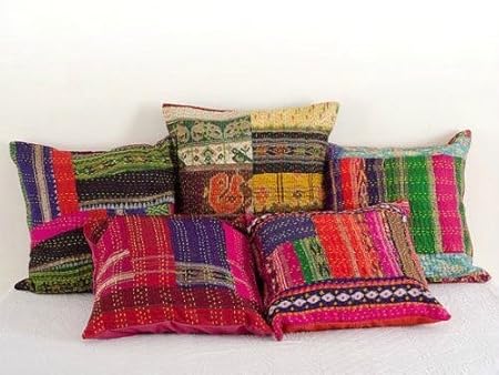 Indian Silk Sari Kantha Thread Embroidery Work Block Printed Kantha Cushion Cover, 41 X 41 Cm, lot of 5 pcs