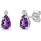 Gem Stone King 14K White Gold Purple Amethyst and White Created Sapphire Stud Earrings for Women | 0.78 Cttw | Gemstone February Birthstone | Pear Shape 6X4MM