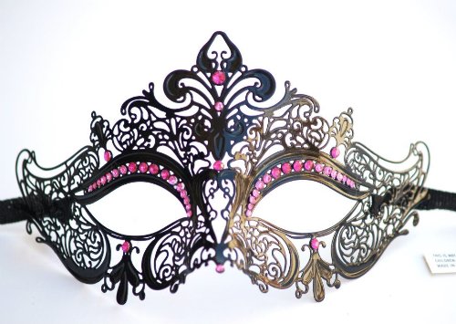 Mysterious Black Laser Cut Mardi Gras Masquerade Metal Mask w/ Pink Diamonds