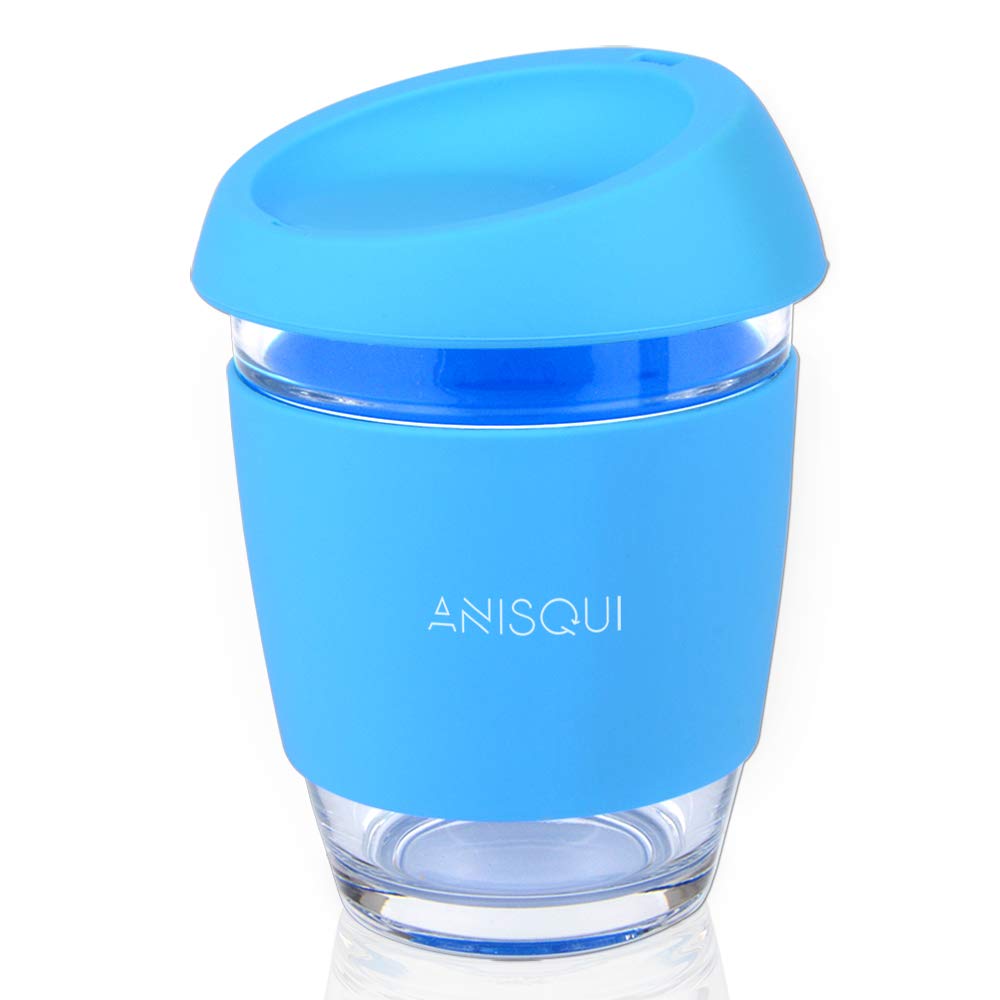 AniSqui Glass Travel Mug, 12oz 350ml Portable Coffee Cup with Lid (Blue)