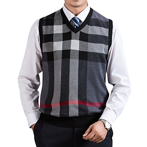 Zicac Men's V-neck Plaid Knitwear Sweater Vest Waistcoat (XL, Gray)