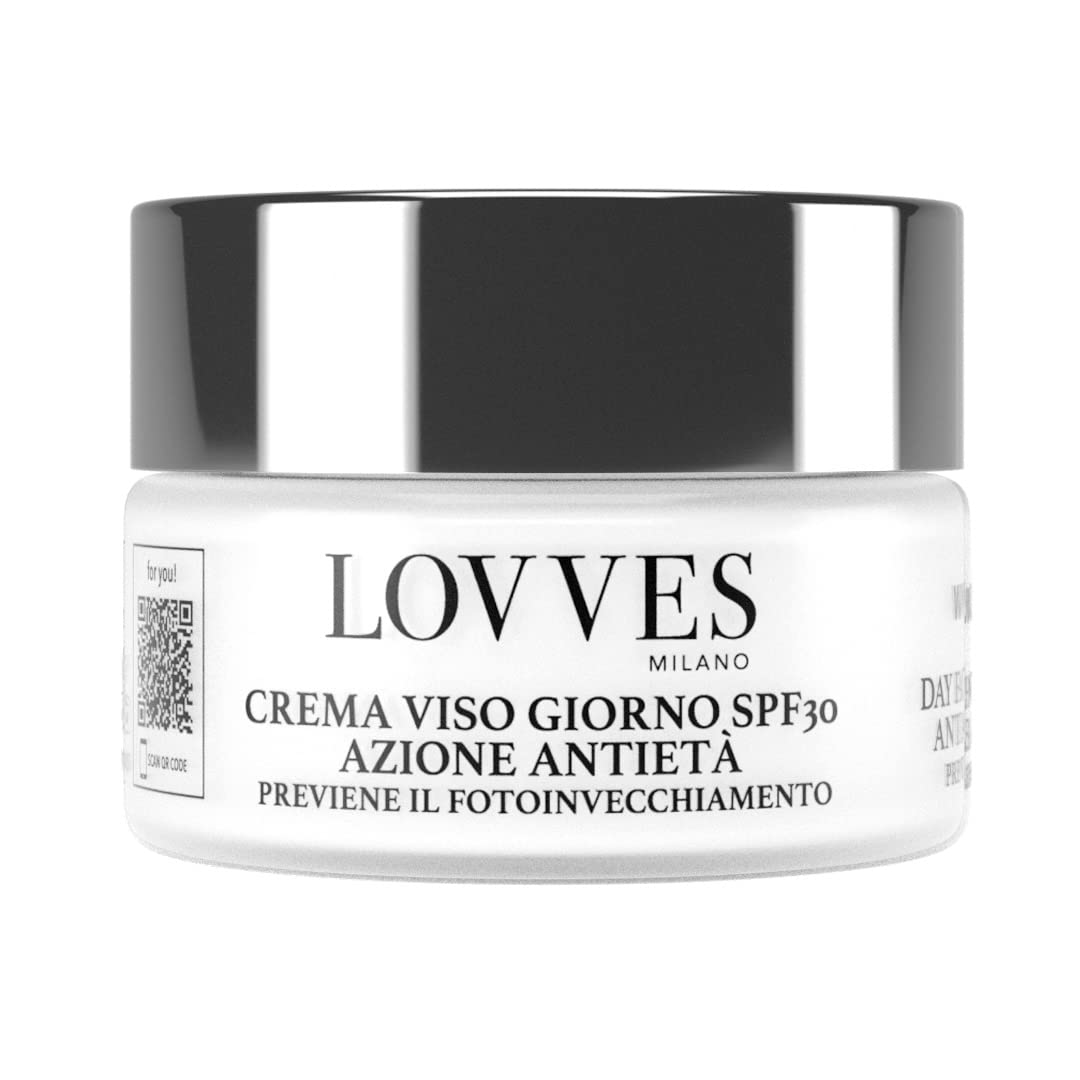 LOVVES Day Face Cream Spf 30, High Natural Cosmetics, Moisturizing, Prevents photoaging, Contrasts Wrinkles and Spots, Improves Skin elasticity, Glass Jar Format 50 ml