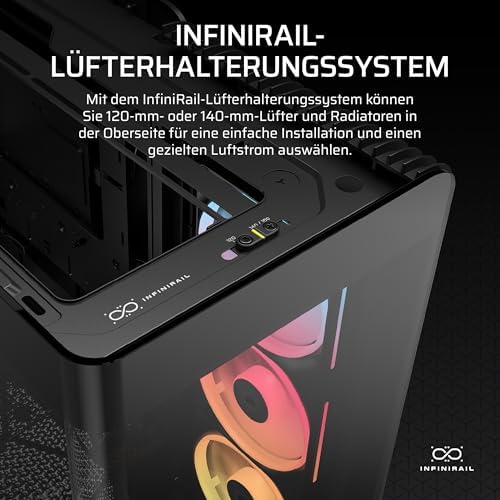 Frame 4500X LX-R RGB LINK Panoramaglas Mid-Tower-PC-Gehäuse – InfiniRail Lüftermontagesystem, Passend für Zwei 360 mm Radiatoren, GPU Anti-Sag, Enthält 3X LX120R RGB LINK Lüfter – Schwarz