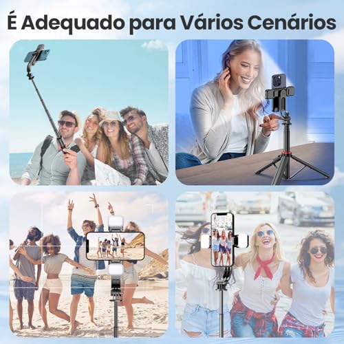 H'MASTON Tripe para Celular Pau de Selfie com Iluminação Bastao de Selfie com Controle Remoto Bluetooth e Duplo Luz LED Ajustável ZP-13 (PRETO)