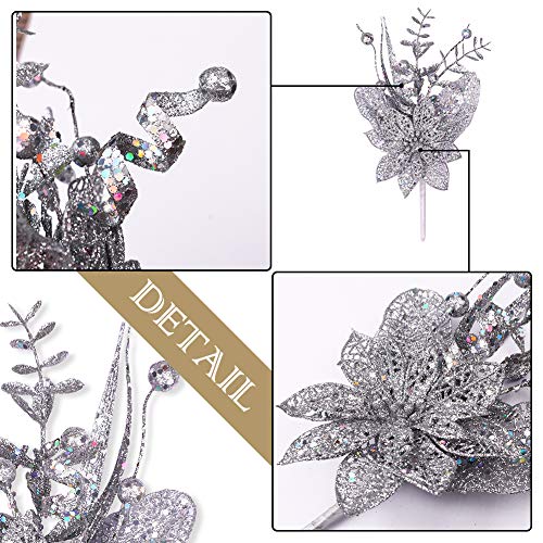 Valery Madelyn 6 Packs Silver Glitter Christmas Decorations with Artificial Christmas Flower and Leaf for Christmas Decoration and Home Decor