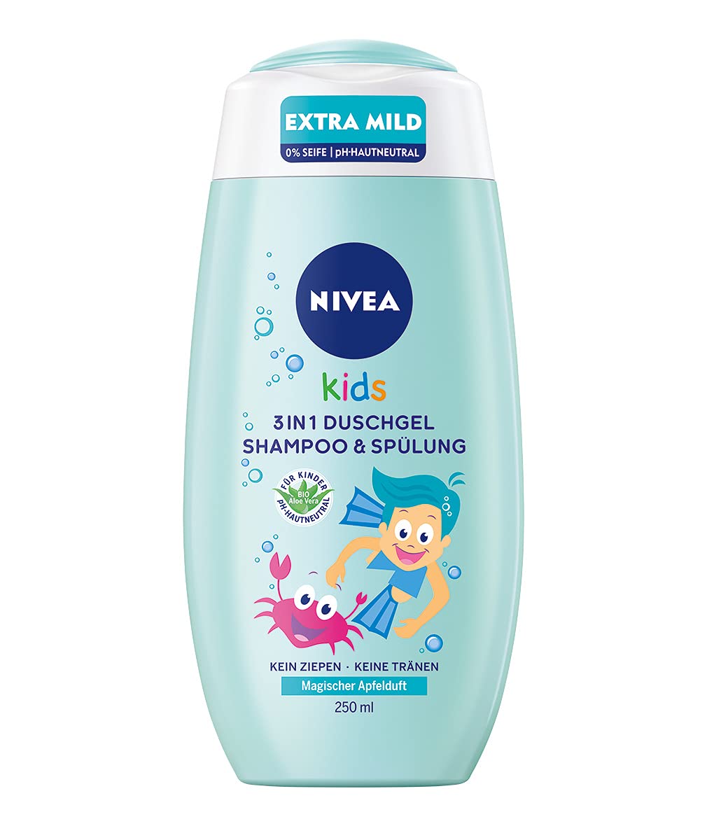Nivea Kids 3-in-1 Shower Gel, Shampoo & Conditioner (250 ml), Care and Cleaning for Kids with Magic Apple Fragrance, Extra Mild & Soap-Free Hair and Skin Care for Children
