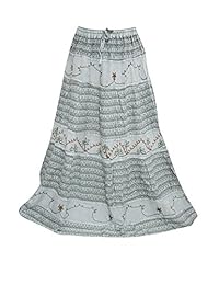 Womens Peasant Skirt Grey Embroidered Boho Vintage Flare Long Maxi Skirts