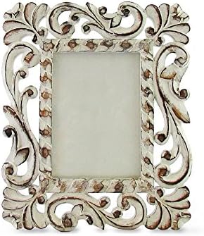 24cm x 20cm Hand Carved Photo Frame, Indonesian Style, for 4x6" Prints White / Brown Wash