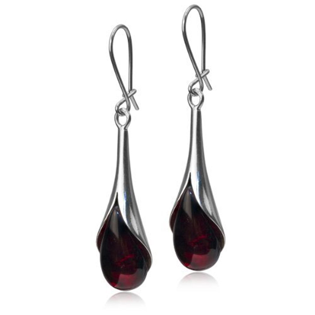 Black Cherry Amber Sterling Silver Tears Of Blood Drop Earrings Noda
