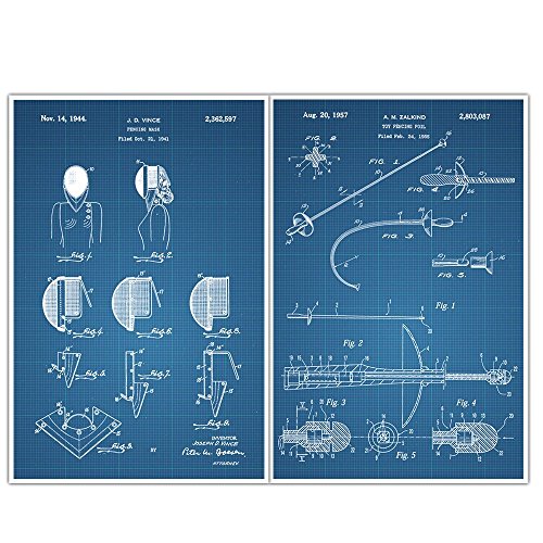 Sword, Mask, Patent Prints, Blueprint Poster - set of 2 Fencing posters
