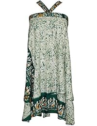 Women's Beach Wraps Green Floral Print Two Layer Reversible Silk Sari Skirts