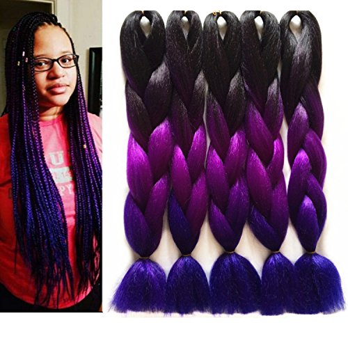 Yangsi 5 piece Black Purple Blue Color Synthetic Hair Extension Kanekalon High Temperature Fiber Ombre Braiding Hair Bundles Jumbo Twist Crochet Braids Hair for Black Women