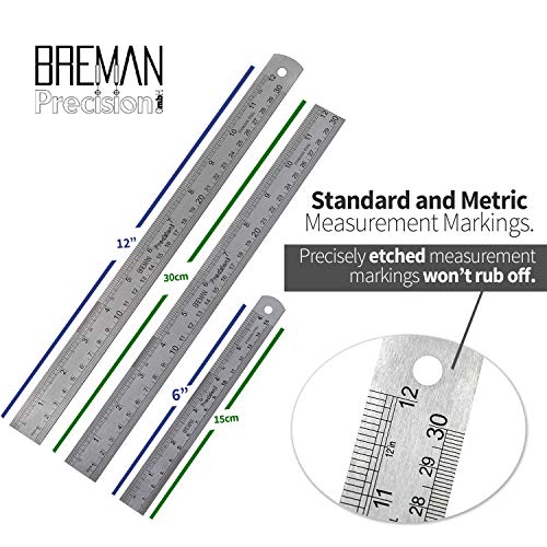 Breman Precision 3-pc Steel Ruler Set I 6 Inch and 2-pc 12 Inch Stainless Steel Straight Edge Rulers with Inch and Metric Graduations I Handy Conversion Table | for Home School Office Engineering
