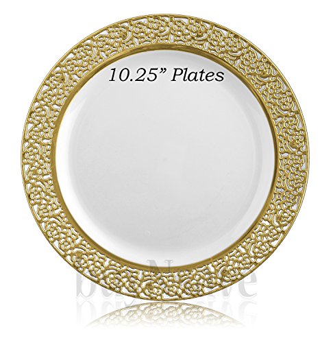 buyNsave White with Gold Heavyweight Plastic Elegant Disposable Plates, Wedding Party Elegant Dinnerware, Inspiration Collection (40, 10.25" Dinner Plates)