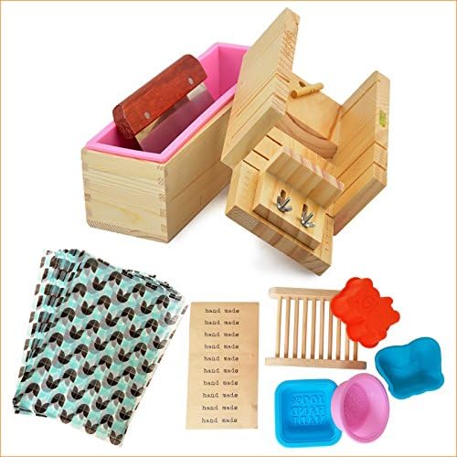 POPURO Handmade Adjustable Wood Soap Mold Loaf Cutter Mold + Silicone Soap Mold with Wood Box + Stainless Steel Straight Soap Cutting Tool - HOLDSUN (TM)