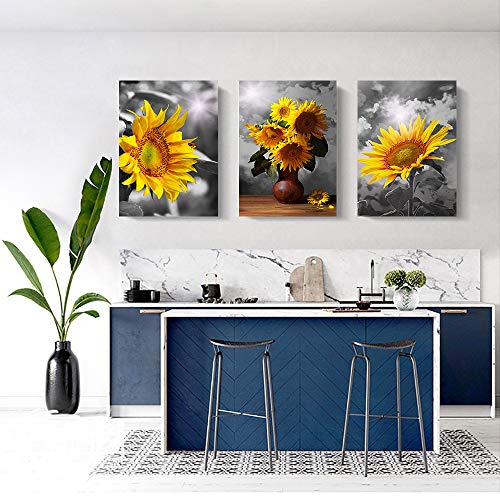 Black and White Sunflower Wall Art, 12x16 Inch, 3 Piece