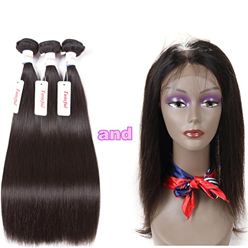 Tuneful 360 Lace Frontal with Bundles 8A Brazilian Straight Hair 3 Bundles with 360 Lace Band Frontal Closure Unprocessed Brazilian Virgin Human Hair Bundles with Closure (12 14 16+12)