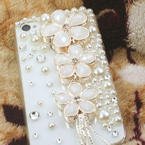 New Handmade Luxury Designer Bling 3D Colorful Special Crystal Pearl Flower Cheery Case Cover For Sony Smart Mobile Phones (Sony Xperia Z Ultra /XL39H /C6802, White)