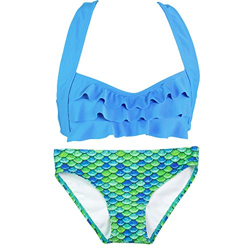 Fin Fun Mermaid Girls Sea Wave Bikini Set, Blue Top, Aussie Green Bottom, X-Large