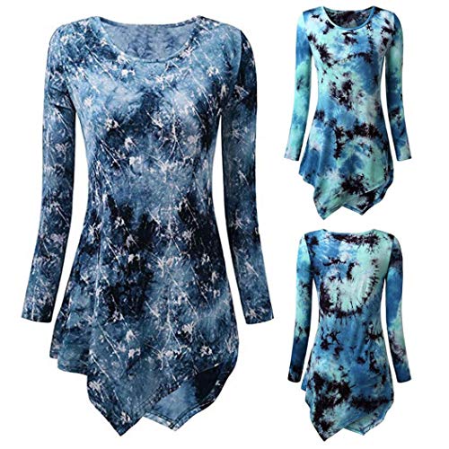 Hem Blouses Tops, Clearance Duseedik Fashion Womens Tie Dyed Asymmetrical Tunic Top O-Neck Long Sleeve T-Shirt Blouse - Thumbnail 2